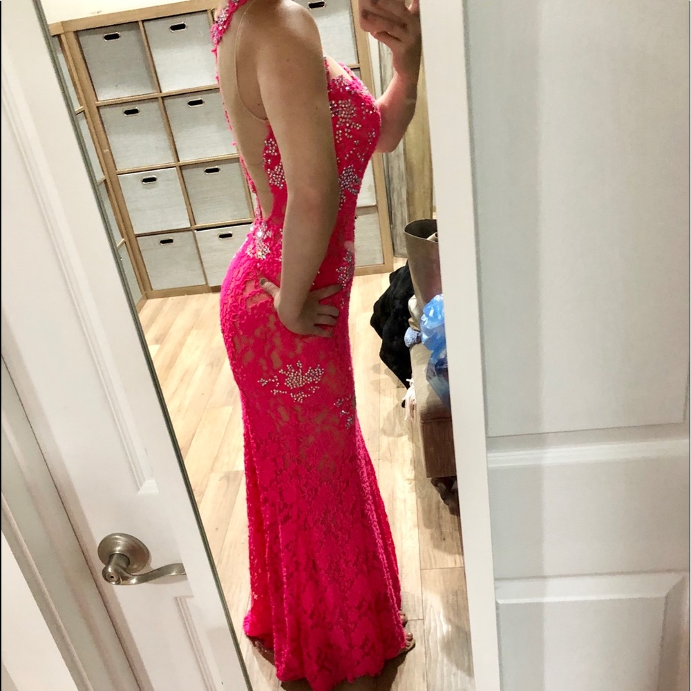 Jovani Hot Pink Lace Diamond Prom Mermaid Dress